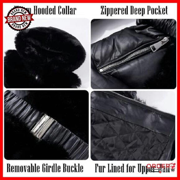 Women's Winter Puffer Coat with Faux Fur Hood and Belt - Picture 6 of 8